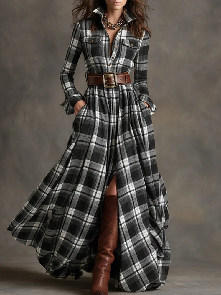 Elara Plaid Maxi Dress with Belt