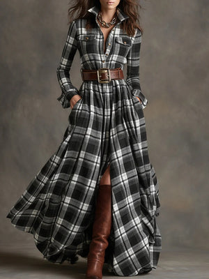 Elara Plaid Maxi Dress with Belt