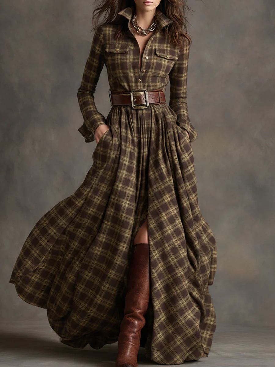 Elara Plaid Maxi Dress with Belt