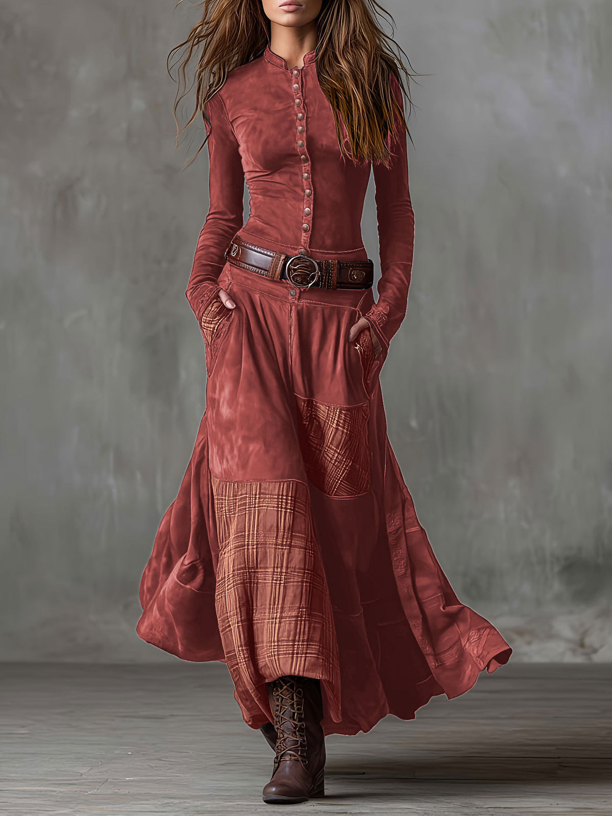 Suede Plaid Patchwork Dress with Belt