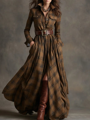 Elara Plaid Maxi Dress with Belt