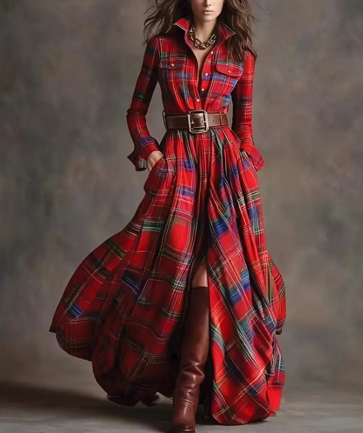 Elara Plaid Maxi Dress with Belt