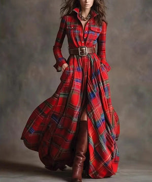 Elara Plaid Maxi Dress with Belt