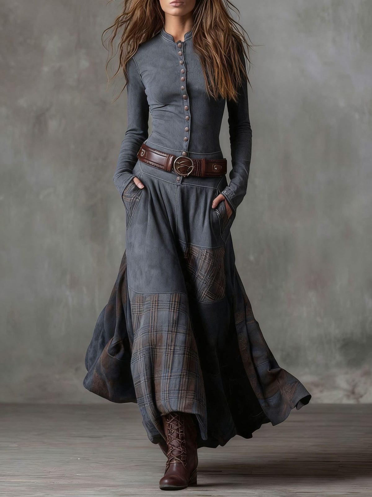 Suede Plaid Patchwork Dress with Belt
