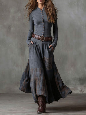 Suede Plaid Patchwork Dress with Belt