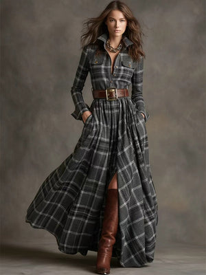 Elara Plaid Maxi Dress with Belt