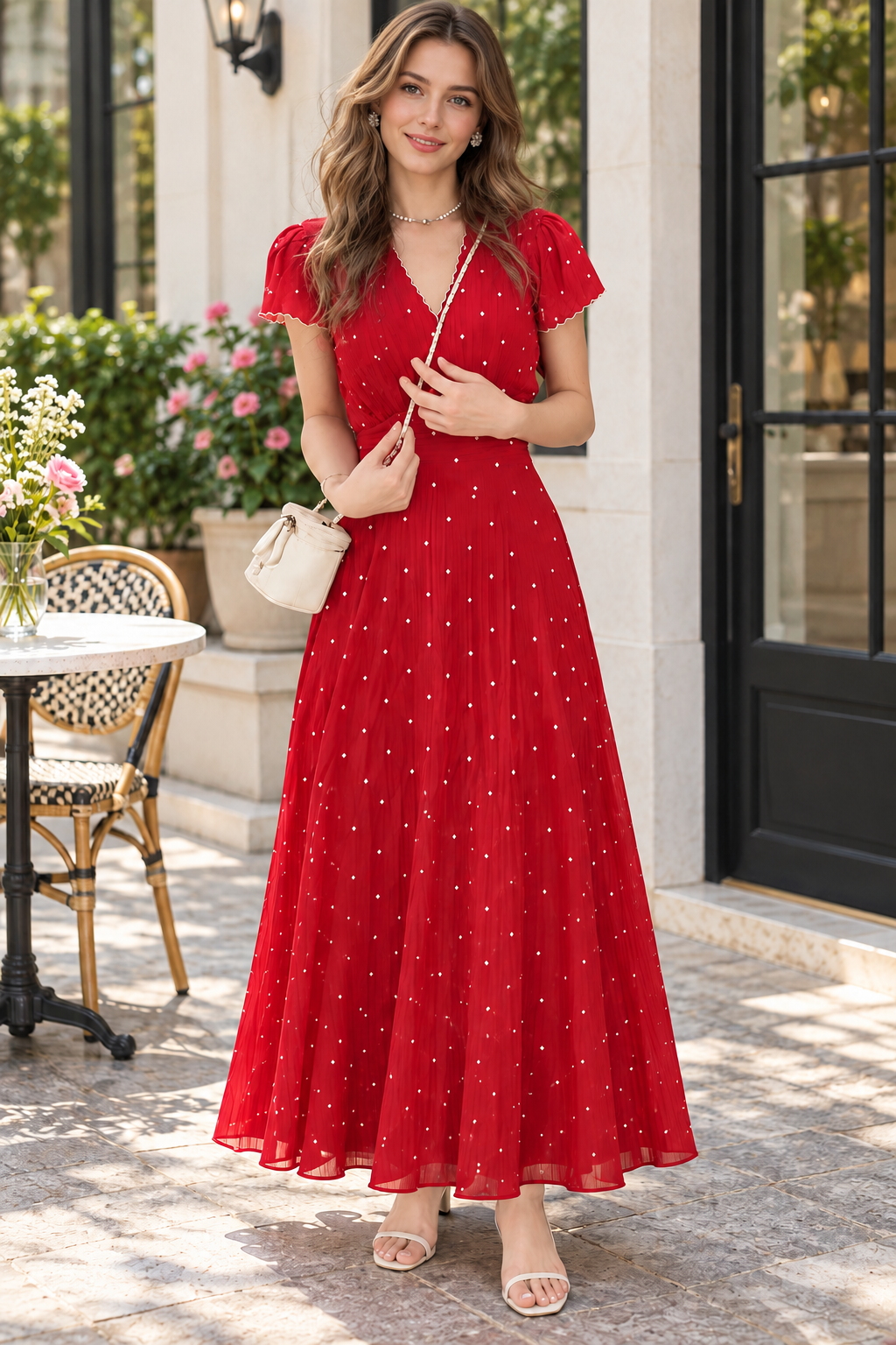 Red Polka Dot Puff Sleeve Maxi Dress