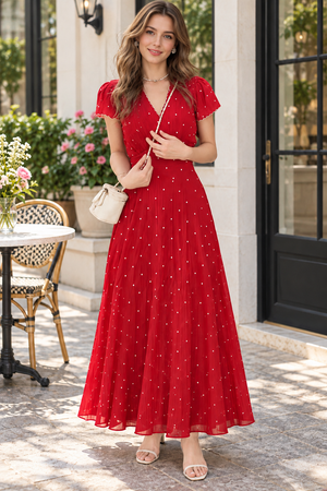 Red Polka Dot Puff Sleeve Maxi Dress