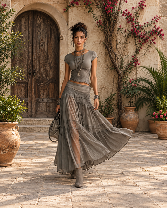 Bohemian Knit Top and Tiered Maxi Skirt Set