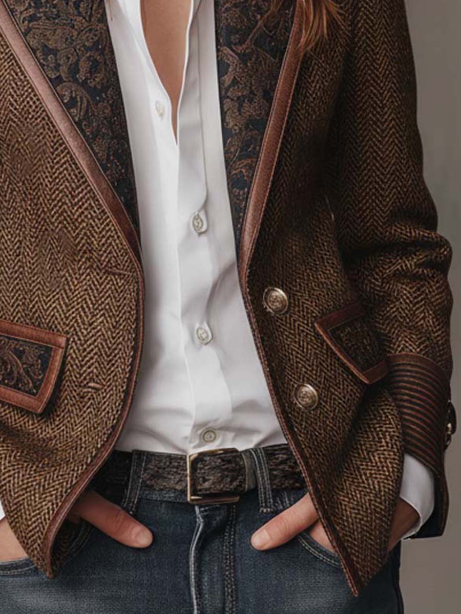 Elara Herringbone Contrast Blazer