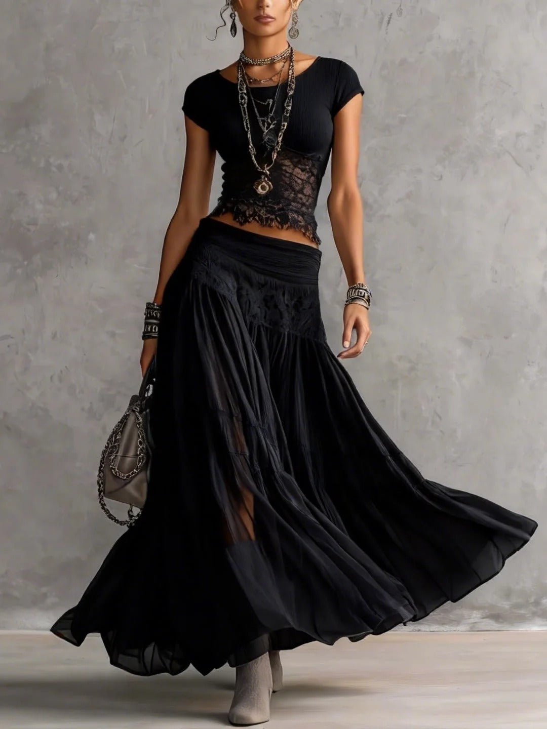 Midnight Lace Boho Maxi Skirt Set