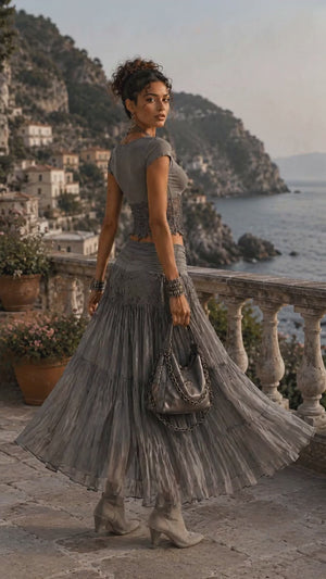 Bohemian Knit Top and Tiered Maxi Skirt Set