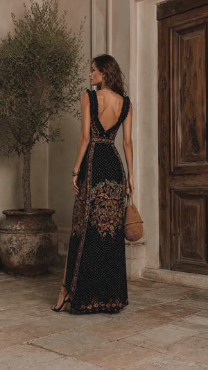 Midnight Paisley Ruffle Maxi Dress